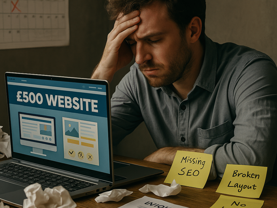 Frustrated small business owner staring at laptop labeled “£500 Website,” surrounded by paperwork and coffee cups