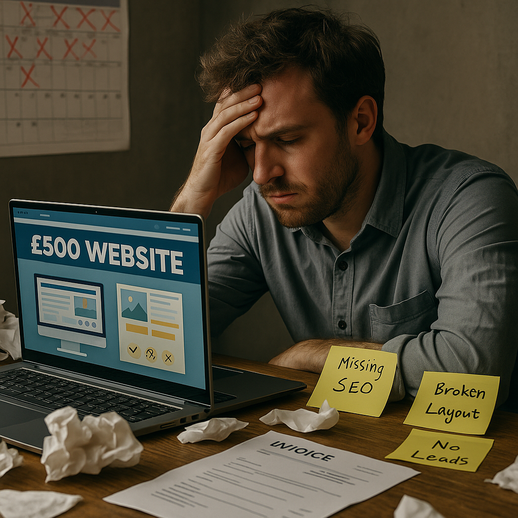Frustrated small business owner staring at laptop labeled “£500 Website,” surrounded by paperwork and coffee cups