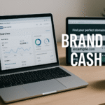 Photorealistic workspace: a laptop open on a sleek desk showing WooCommerce dashboard, next to a coffee mug and a domain registrar window open. Tagline overlay: “Brand Up. Cash In.”
