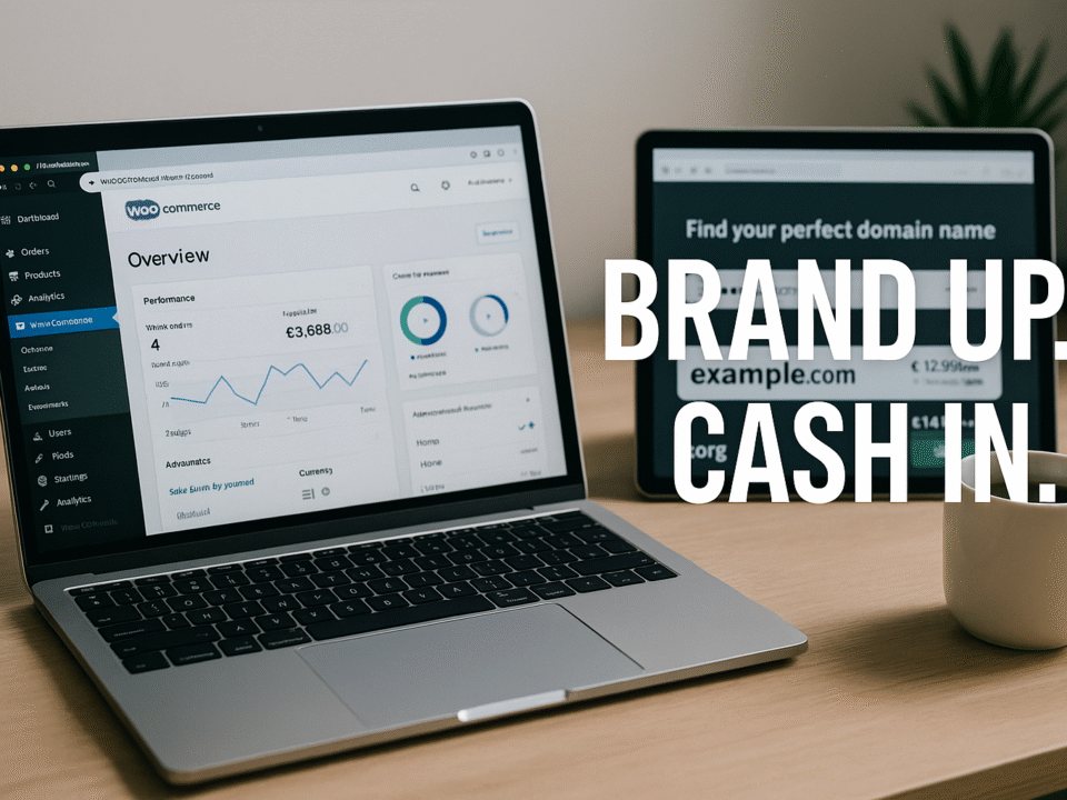 Photorealistic workspace: a laptop open on a sleek desk showing WooCommerce dashboard, next to a coffee mug and a domain registrar window open. Tagline overlay: “Brand Up. Cash In.”