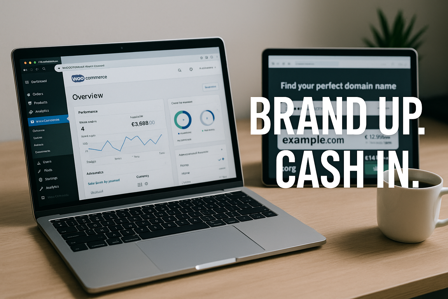 Photorealistic workspace: a laptop open on a sleek desk showing WooCommerce dashboard, next to a coffee mug and a domain registrar window open. Tagline overlay: “Brand Up. Cash In.”