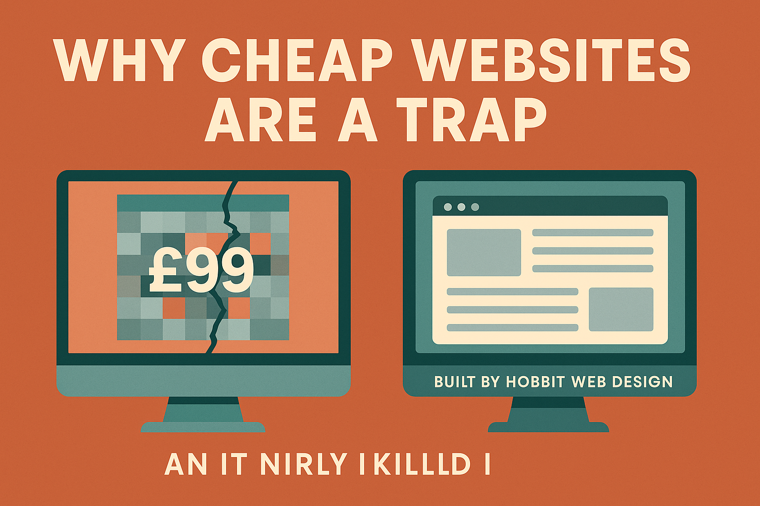 Comparison of a broken £99 website and a clean professional website by Hobbit Web Design, with bold heading "Why Cheap Websites Are a Trap".