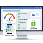 Website health check illustration showing computer screen with performance metrics, mobile responsiveness, security indicators, and optimization checkmarks for small business owners
