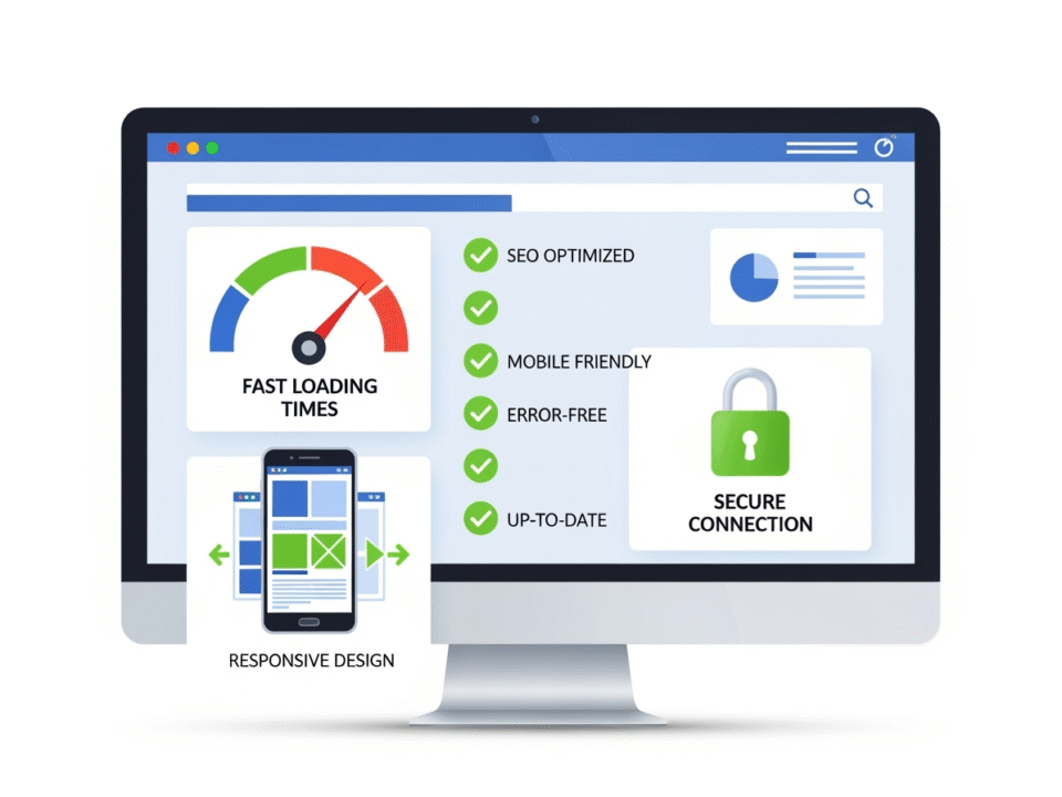 Website health check illustration showing computer screen with performance metrics, mobile responsiveness, security indicators, and optimization checkmarks for small business owners