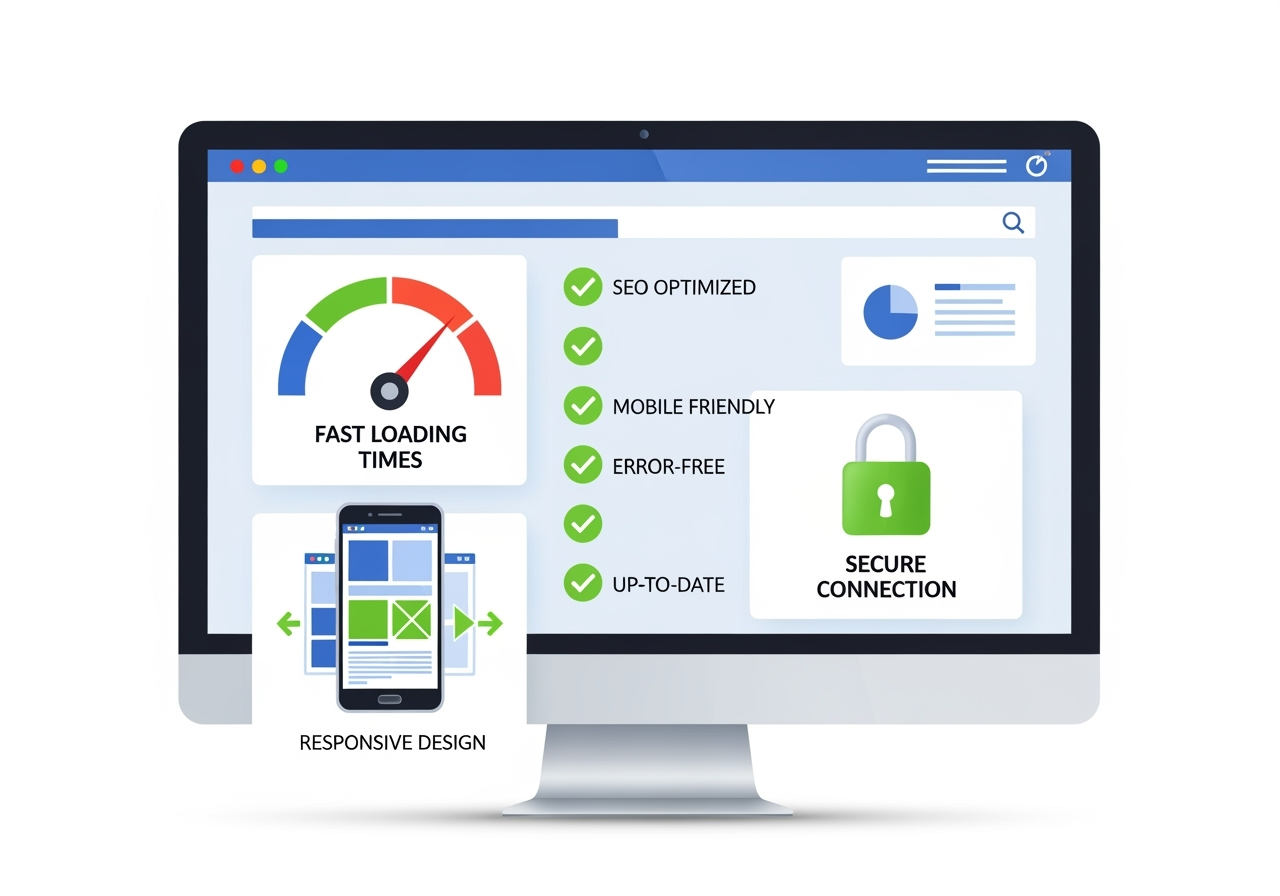 Website health check illustration showing computer screen with performance metrics, mobile responsiveness, security indicators, and optimization checkmarks for small business owners