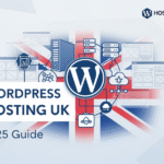 WordPress hosting UK guide 2025 - web designer and hosting expert advice with UK flag, WordPress logo, and server graphics