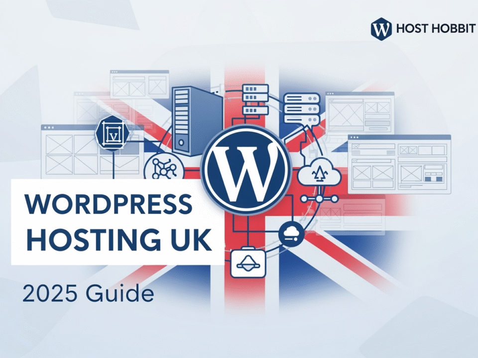 WordPress hosting UK guide 2025 - web designer and hosting expert advice with UK flag, WordPress logo, and server graphics
