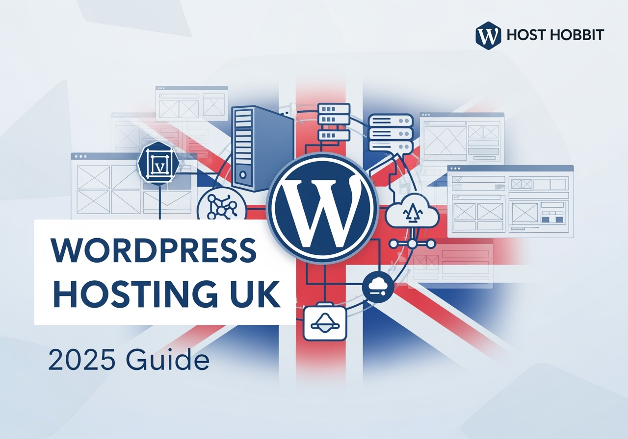 WordPress hosting UK guide 2025 - web designer and hosting expert advice with UK flag, WordPress logo, and server graphics