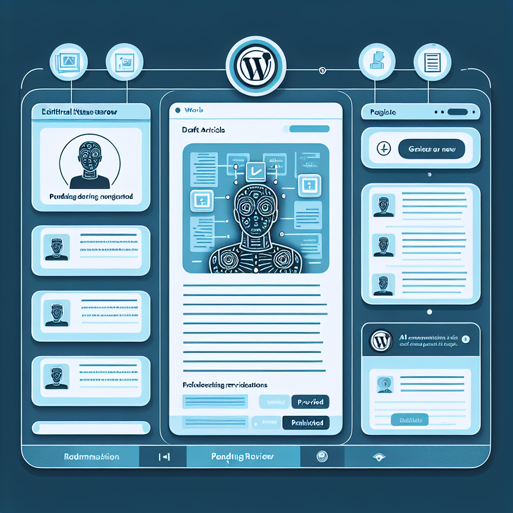WordPress dashboard with AI-generated content drafts and editorial workflow