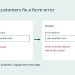 Two email fields compare the vague error “Invalid input” with the instruction “Enter an email address with an @ symbol”.