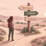 A visitor looks at a signpost labelled Services, About and Contact beside branching paths.