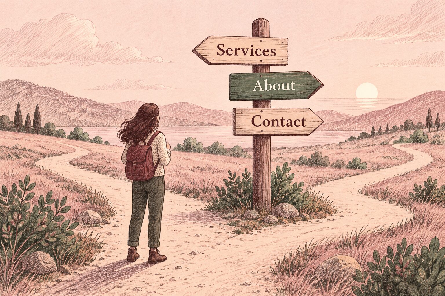 A visitor looks at a signpost labelled Services, About and Contact beside branching paths.