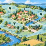 An illustrated village and countryside with three green location pins inside a pale-blue service area.