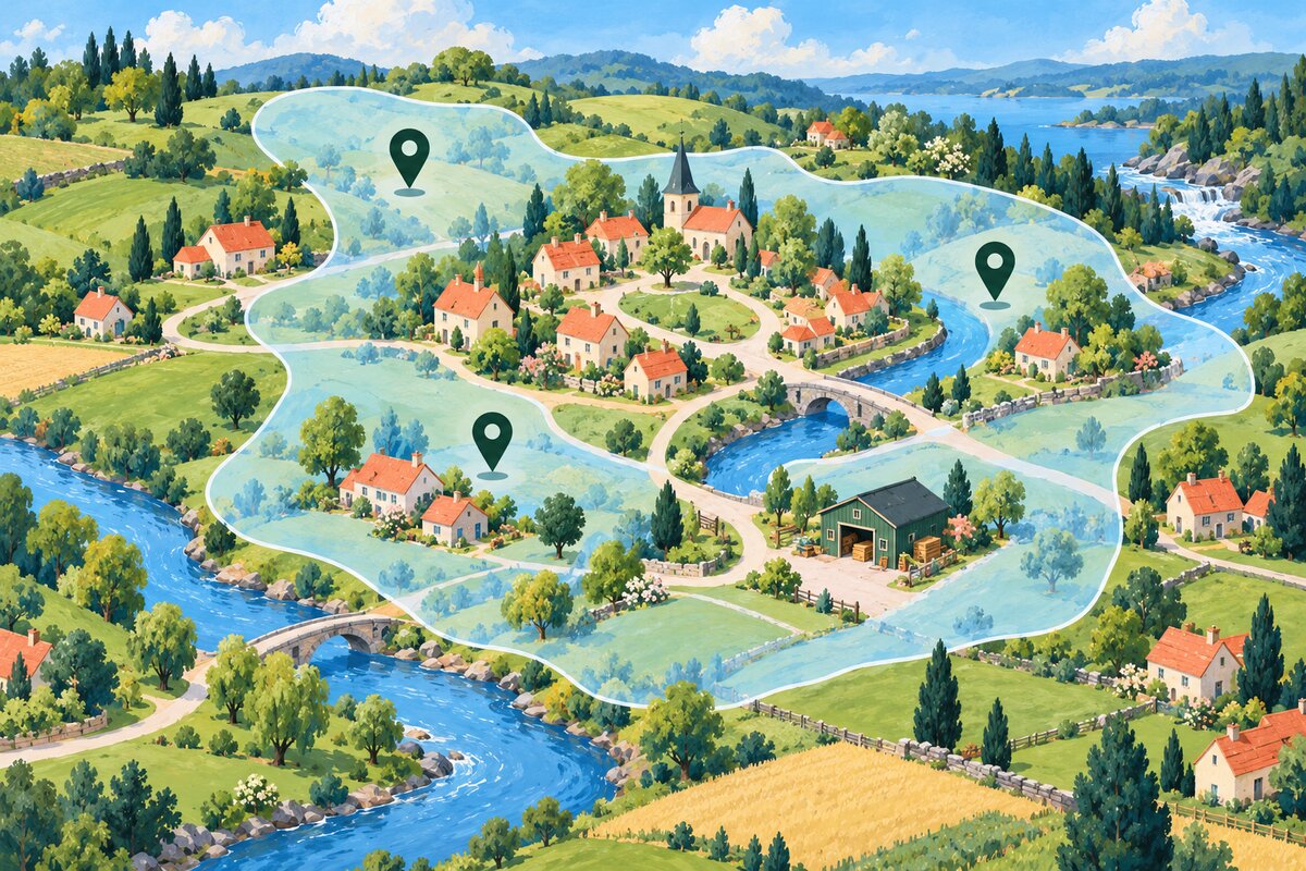An illustrated village and countryside with three green location pins inside a pale-blue service area.