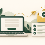 Illustration of a contact form on a laptop linked to a confirmed email and checklist.