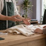 A tailor in a green apron explains a garment repair to a customer across a wooden workshop counter.