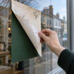 A hand peels an old seasonal poster from a shop window, revealing a plain green panel beneath.