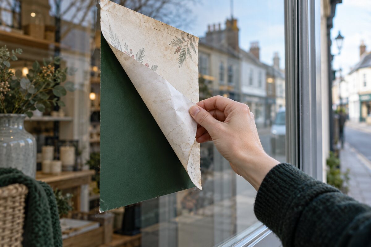 A hand peels an old seasonal poster from a shop window, revealing a plain green panel beneath.