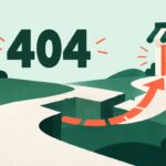 A coral arrow leads across a gap in a path towards a shop doorway beneath a large 404 label.