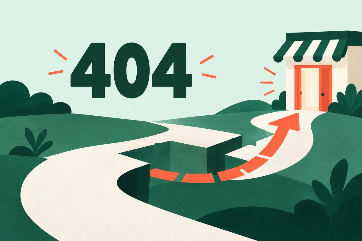 A coral arrow leads across a gap in a path towards a shop doorway beneath a large 404 label.