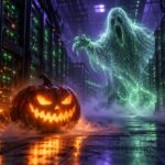 A glowing Halloween pumpkin and a ghost made of green data particles haunt a dark purple server room.