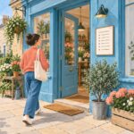 A customer approaches an open blue shop door beside an opening-hours plaque, with a clock visible in the window.