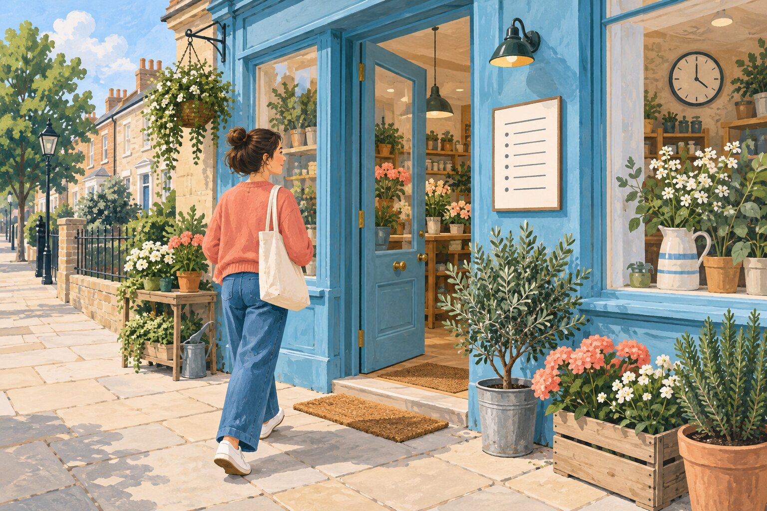 A customer approaches an open blue shop door beside an opening-hours plaque, with a clock visible in the window.