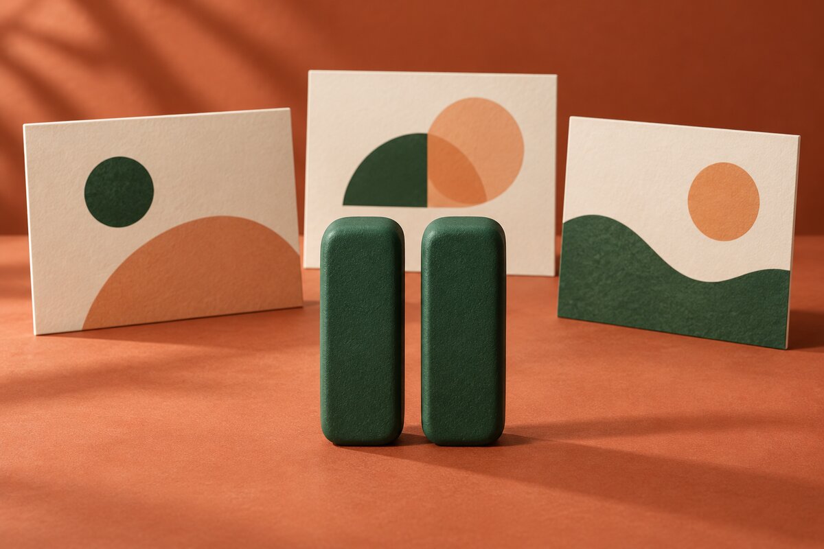 A green pause symbol stands in front of three cream display cards on a terracotta surface.
