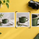 Three prints show progressively closer crops of a green ceramic cup, with cropping guides on a yellow work surface.