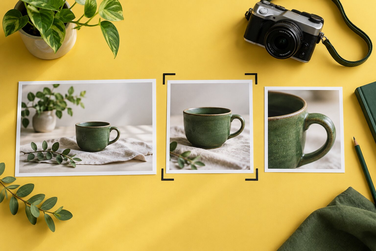 Three prints show progressively closer crops of a green ceramic cup, with cropping guides on a yellow work surface.