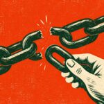A hand holds a replacement link beside a broken green chain in an orange linocut illustration.