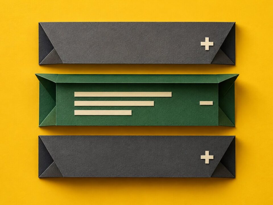 Three folded paper panels represent website accordion sections; the green middle panel is open to reveal its content.