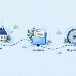 Illustrated breadcrumb trail from Home through Services to Bicycle repairs, with a marker on the current page.
