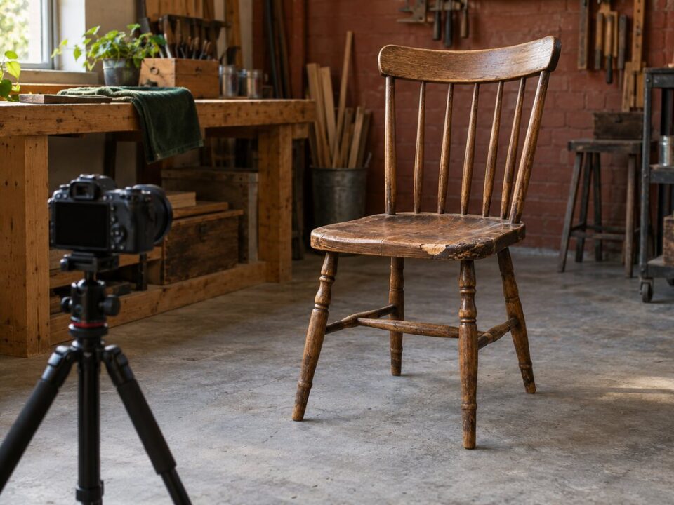 A camera on a tripod points at a chipped wooden chair, ready to take a photo for a repair enquiry.
