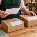 Shop owner checking an order slip beside two labelled parcels on a wooden packing bench.