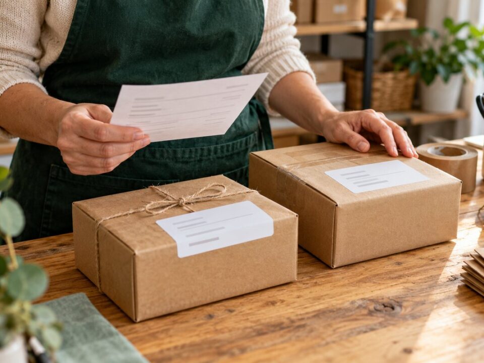 Shop owner checking an order slip beside two labelled parcels on a wooden packing bench.