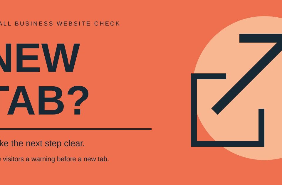 Coral poster reading New tab? with an outward arrow and a reminder to warn visitors before a link opens another tab.