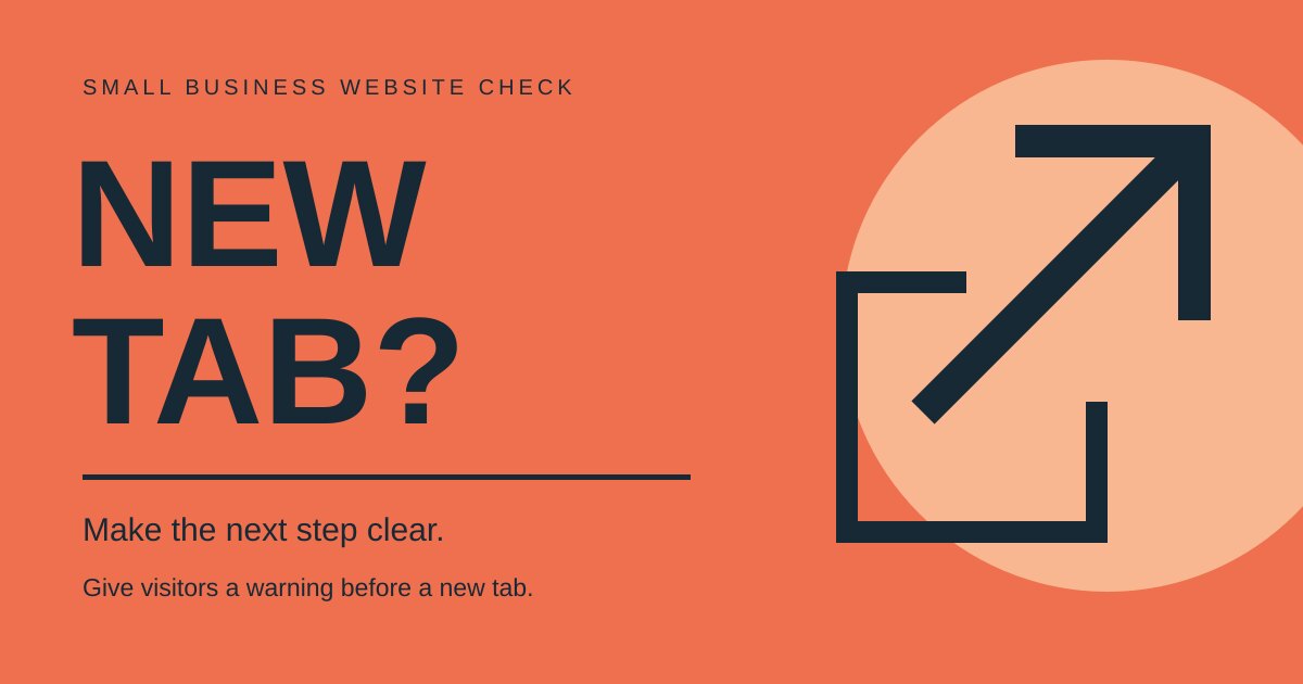 Coral poster reading New tab? with an outward arrow and a reminder to warn visitors before a link opens another tab.