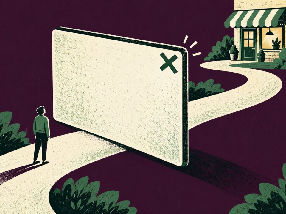 A visitor faces a large pop-up panel blocking the path to a shop, with a clear close symbol in its corner.