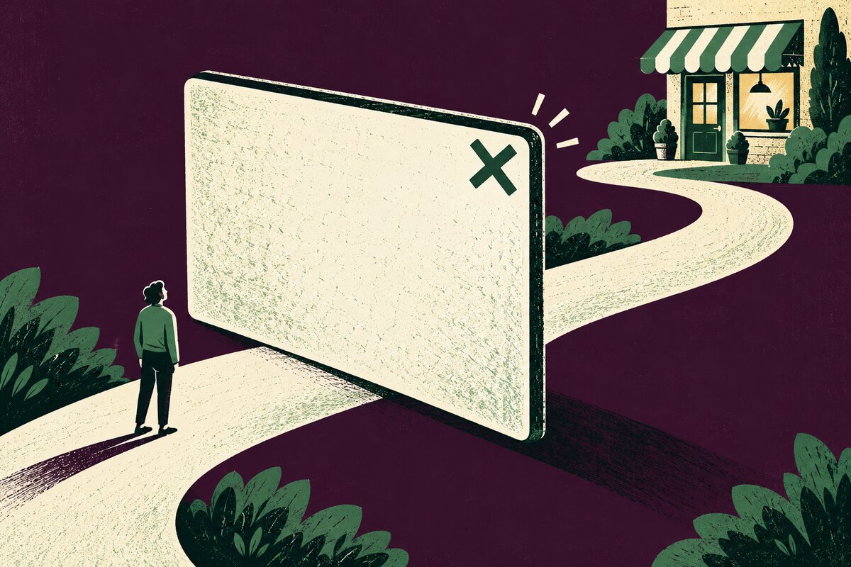 A visitor faces a large pop-up panel blocking the path to a shop, with a clear close symbol in its corner.