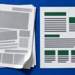Overhead comparison of crowded grey printout sheets and a clear page layout on a blue surface.
