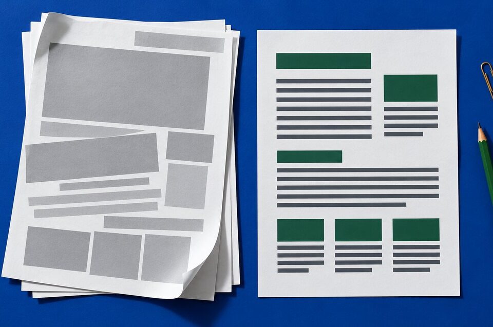 Overhead comparison of crowded grey printout sheets and a clear page layout on a blue surface.