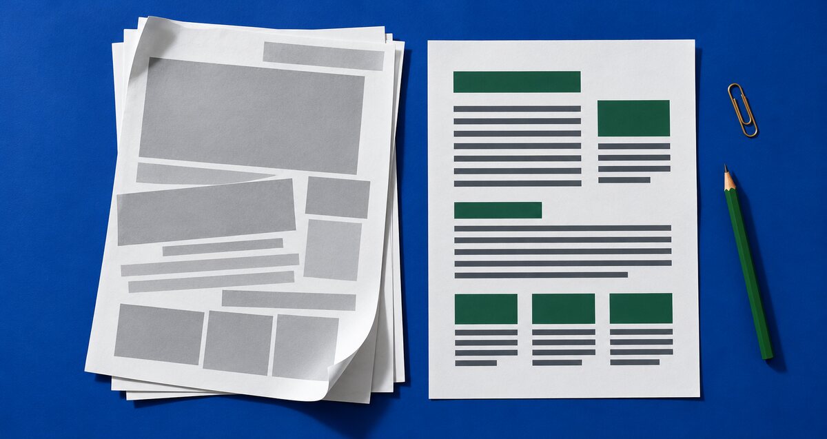 Overhead comparison of crowded grey printout sheets and a clear page layout on a blue surface.