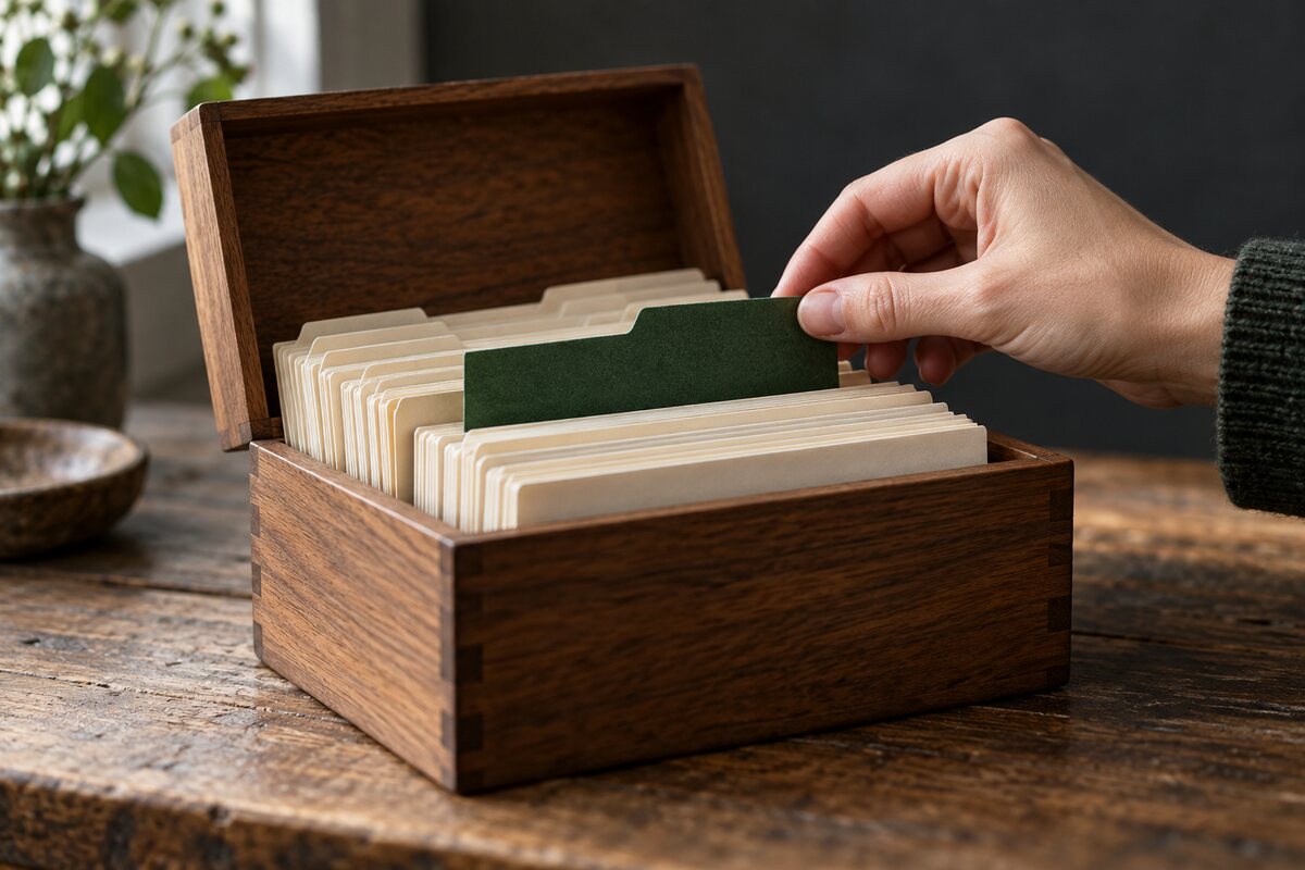 A hand selects a green divider among cream index cards in an open wooden box.
