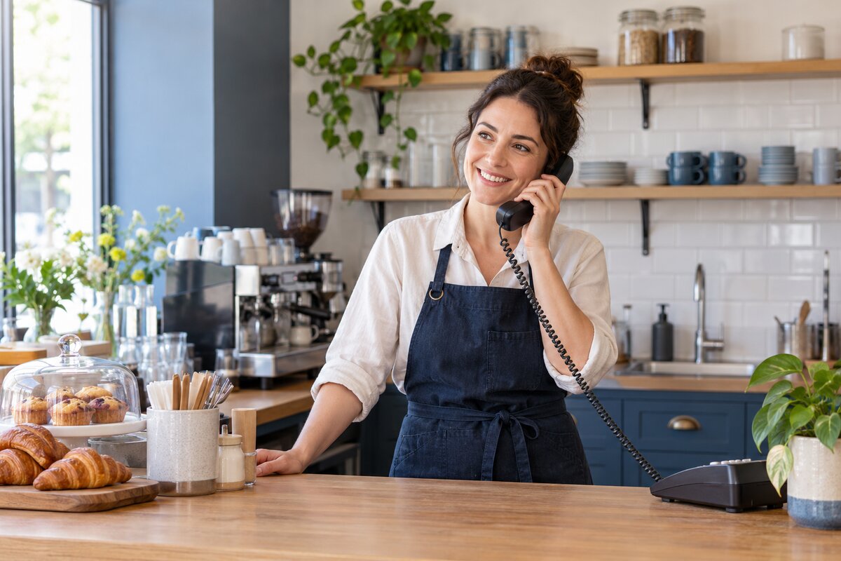 A café proprietor in a navy apron answers a corded telephone behind the counter.