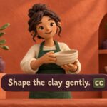 Clay illustration of a potter holding a bowl above the caption Shape the clay gently and a CC symbol.