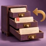 Three open archive drawers hold earlier page versions, with a brass return arrow beside them.