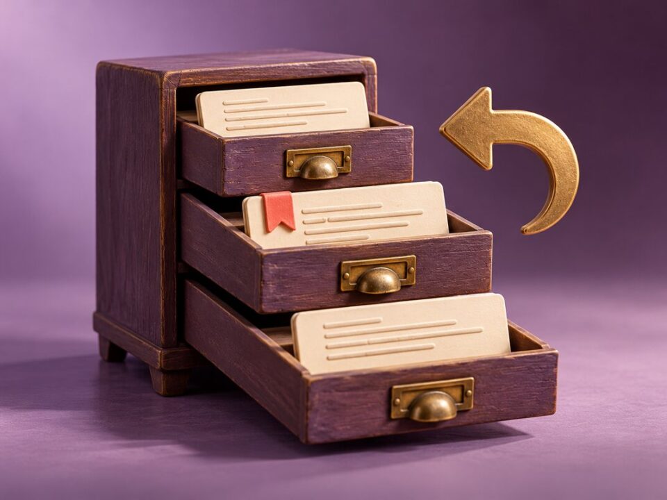 Three open archive drawers hold earlier page versions, with a brass return arrow beside them.