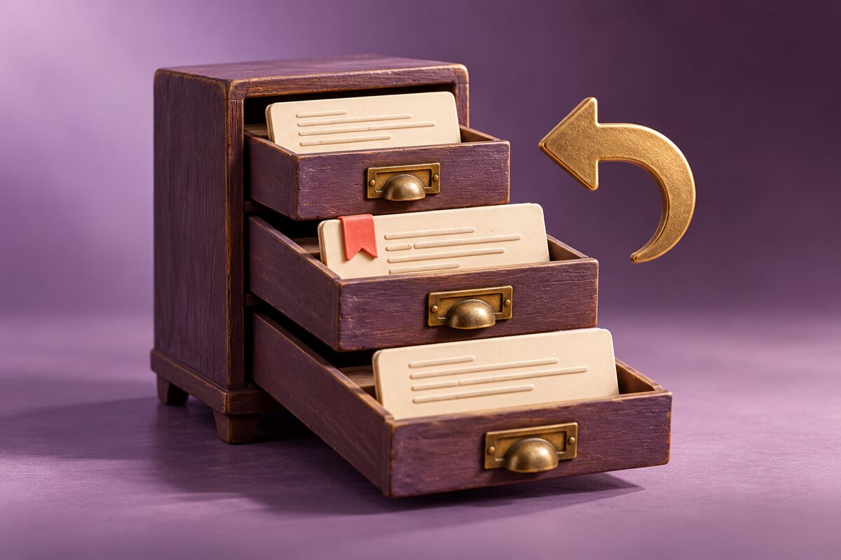Three open archive drawers hold earlier page versions, with a brass return arrow beside them.