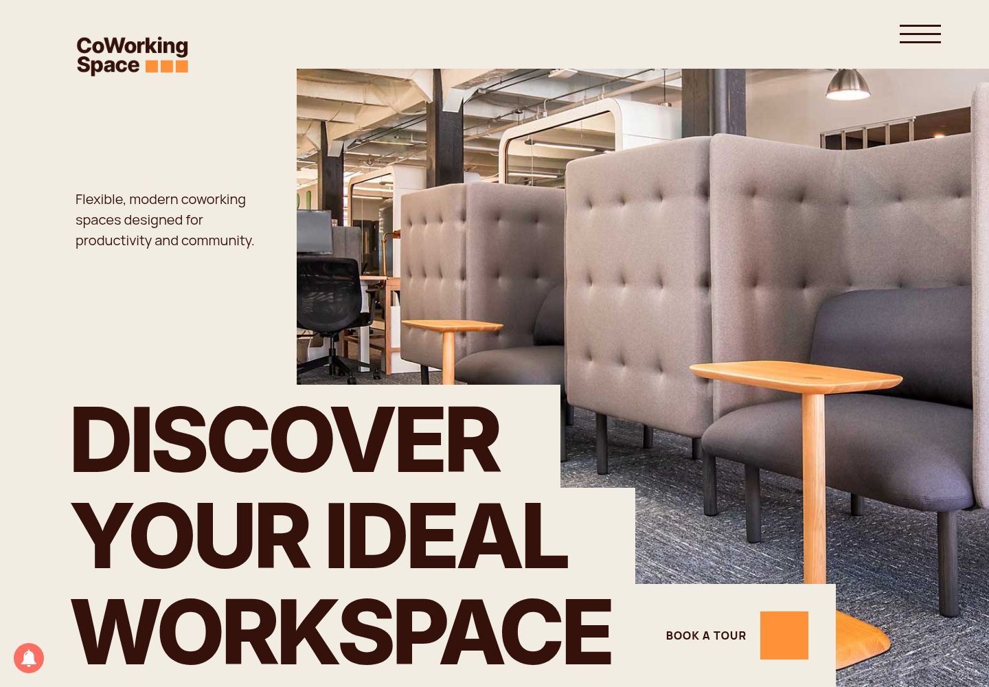 Coworking demonstration with warm neutral colours and an office-space photograph